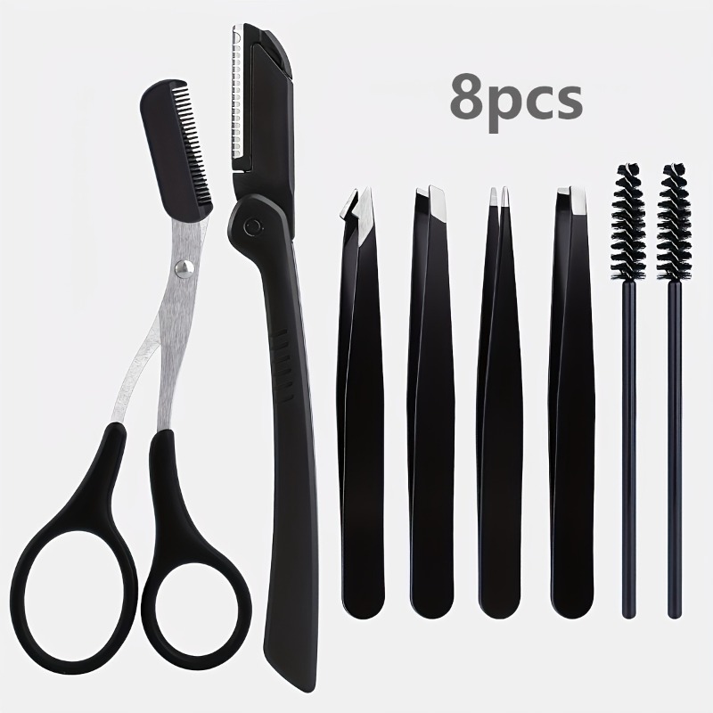 Mens Grooming Kit Bag - 8個入りステンレス製眉毛グルーミングキット、女性と男性向けのポータブルブラックセット、眉毛ブラシ、カミソリ、くし、はさみが含まれています
