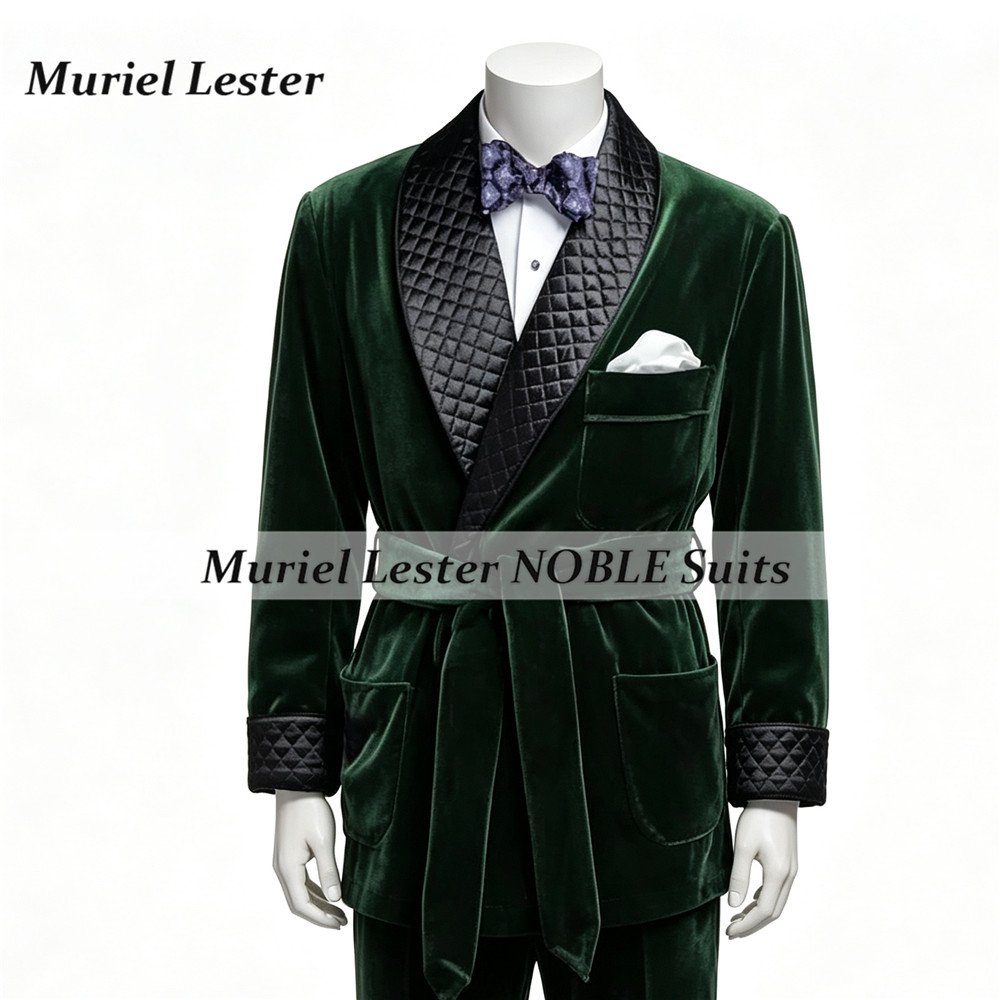 Men Grooming Outfit - 喫煙会社ベルベットスーツジャケット男性用ベルト付き黒ショールラペル新郎ブレザーカスタマイズされた男性パーティーコートディナー衣装