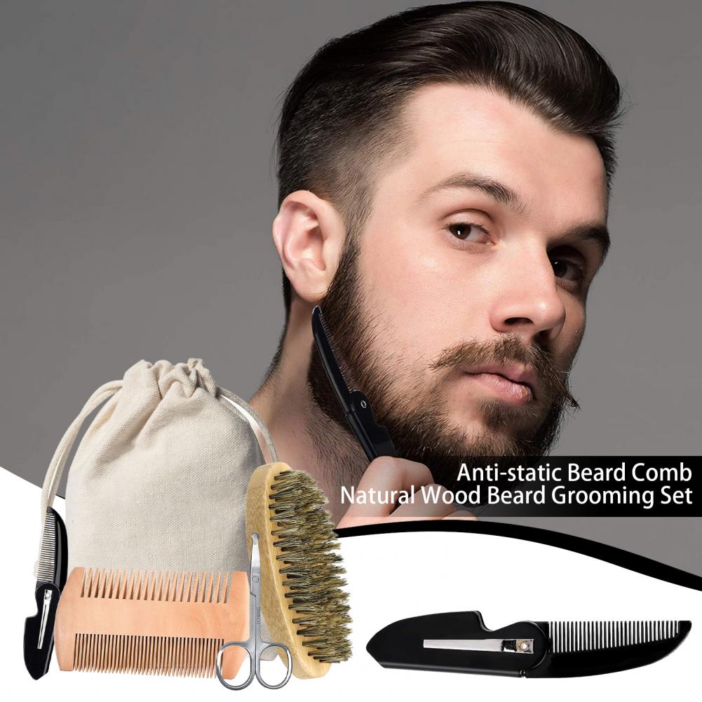 Mens Grooming Kit Bag - イノシシの毛,楕円形のブラシ,両面木製くし,はさみ,収納袋,男性用口ひげケアキットを備えたグルーミングキット,3個,5個