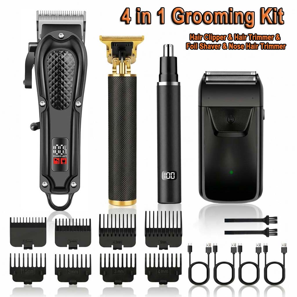 Beard Trimmer Cordless - 4 in 1 メンズヘアクリッパーセット、コードレス電動トリマー、フォイルシェーバー＆ノーズトリマーキット、ひげカッター、LEDディスプレイ付きUSB充電式グルーミングキット、複数のガイドコーム付き