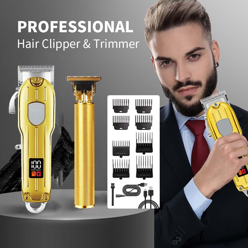 Beard Trimmer Cordless - 2 in 1電動バリカン＆T字型トリマーセット（男性用）-コードレス髭剃り＆ヘアカットマシン（LCDディスプレイ付き）、USB充電式グルーミングキット（8種類のガイドコーム付き）