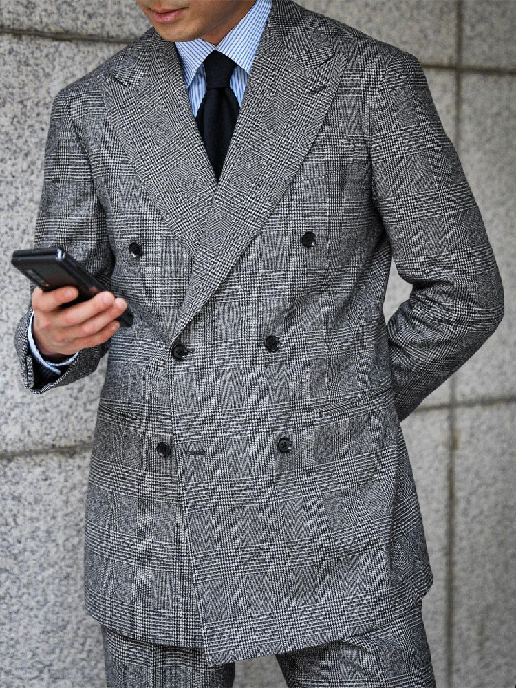 ビジネスチェック柄男性スーツ 2 ピースブレザーダブルブレス - Men Grooming Outfit のレビューと価格