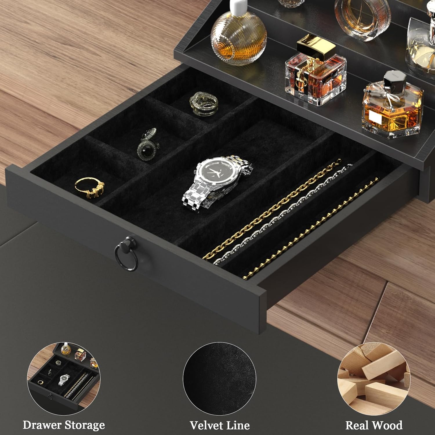 4段式の黒い木製香水収納トレー。ベルベットの隠し引き出し付き - Men'S Grooming Gift Box のレビューと価格