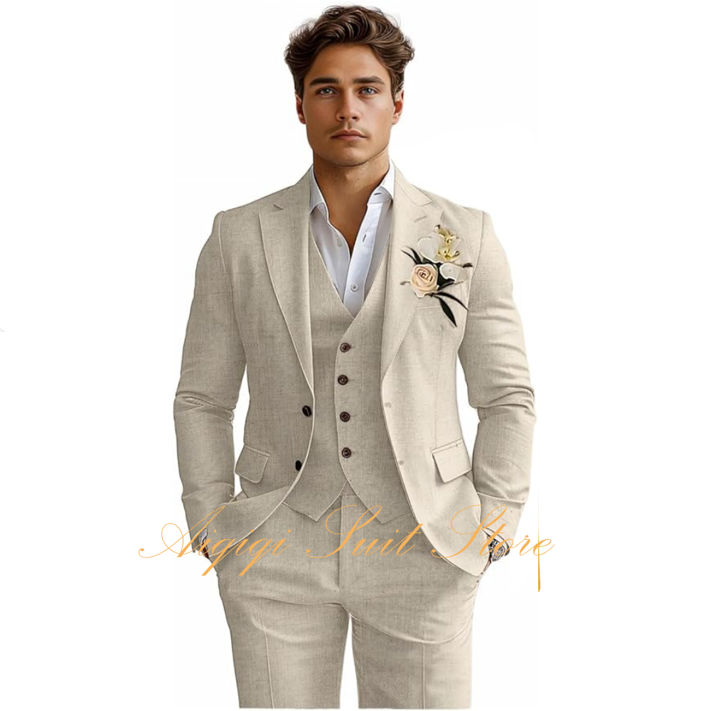 リネンメンズスーツ3ピーススリムフィットタキシードスーツメン - Men Grooming Outfit のレビューと価格